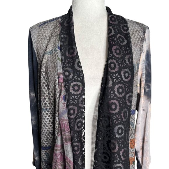 Ali Miles Mixed Media Open Front Cardigan Large Rayon Blend Multicolor Duster - Picture 2 of 9